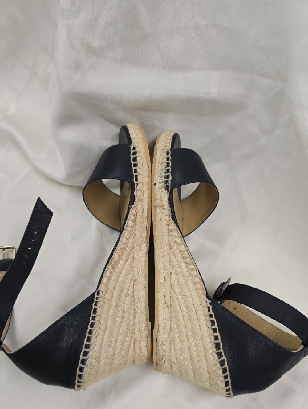 Talbots Indigo Navy Leather Espadrille Wedge Sandals with Ankle Strap - Picture 7 of 12